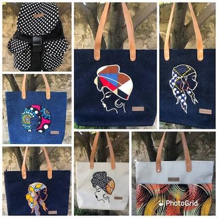 A collage of handmade Njoo Dada tote bags in colorful African print fabric.