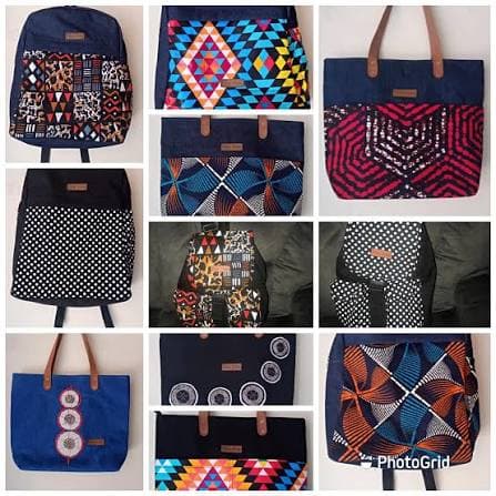 A collage of Njoo Dada tote and backpack designs in bold geometric prints.